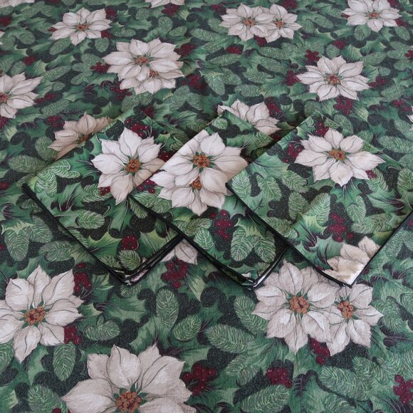 VTG Charter Club White Poinsettia Christmas Tablecloth & Napkins - Picture 2 of 8